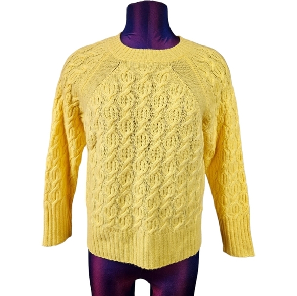Pure Collection Yellow Cable Knit 100% Cashmere Crew Neck Sweater Size 4 Women's - Picture 1 of 7